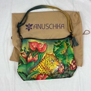 Anuschka Hand-Painted Leather Crossbody Shoulder Bag Colorful Leopard w/ Dustbag